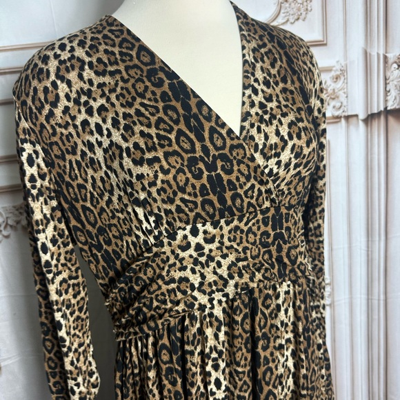 Leopard Print Long Sleeve V-Neck Maxi Dress - Tan/Black - Picture 5 of 5